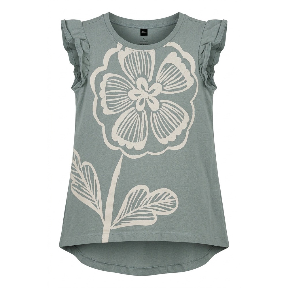 Tea Collection Kids Sage Green Ruffle Sleeve Floral Graphic Cotton‎ Top Size 5